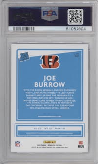 Joe Burrow from the 2020 Panini Donruss set featuring a Press Proof Blue  parallel graded by PSA and given an overall grade of 10.