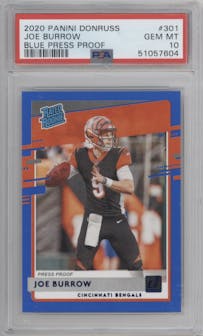Joe Burrow from the 2020 Panini Donruss set featuring a Press Proof Blue  parallel graded by PSA and given an overall grade of 10.