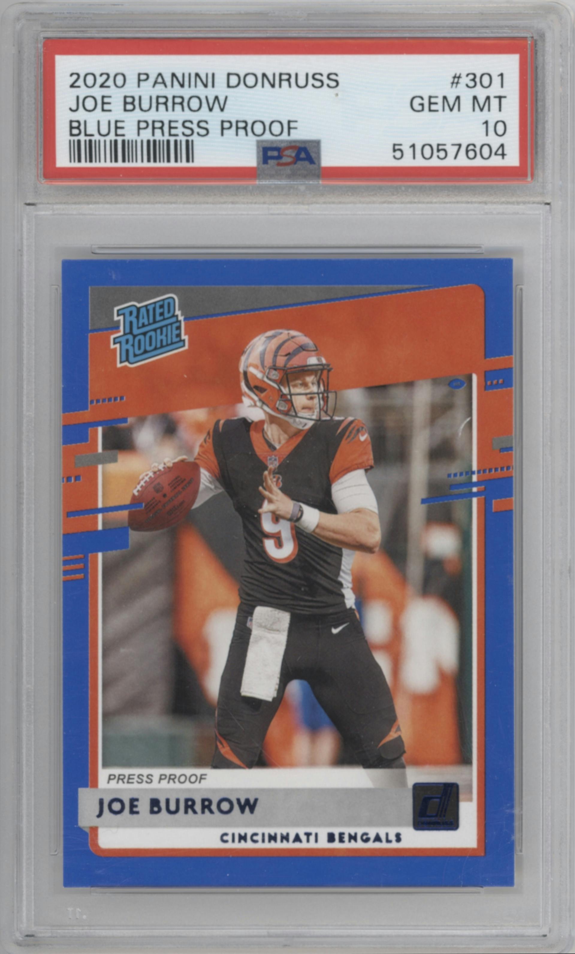 Joe Burrow from the 2020 Panini Donruss set featuring a Press Proof Blue  parallel graded by PSA and given an overall grade of 10.