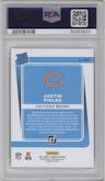 Justin Fields from the 2021 Panini Donruss set featuring a Press Proof Premium parallel graded by PSA and given an overall grade of 10.