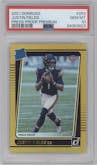 Justin Fields from the 2021 Panini Donruss set featuring a Press Proof Premium parallel graded by PSA and given an overall grade of 10.
