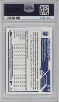 Vinnie Pasquantino from the 2023 Topps Chrome set featuring a Purple Speckle Refractor parallel graded by PSA and given an overall grade of 10.