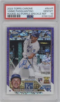 Vinnie Pasquantino from the 2023 Topps Chrome set featuring a Purple Speckle Refractor parallel graded by PSA and given an overall grade of 10.