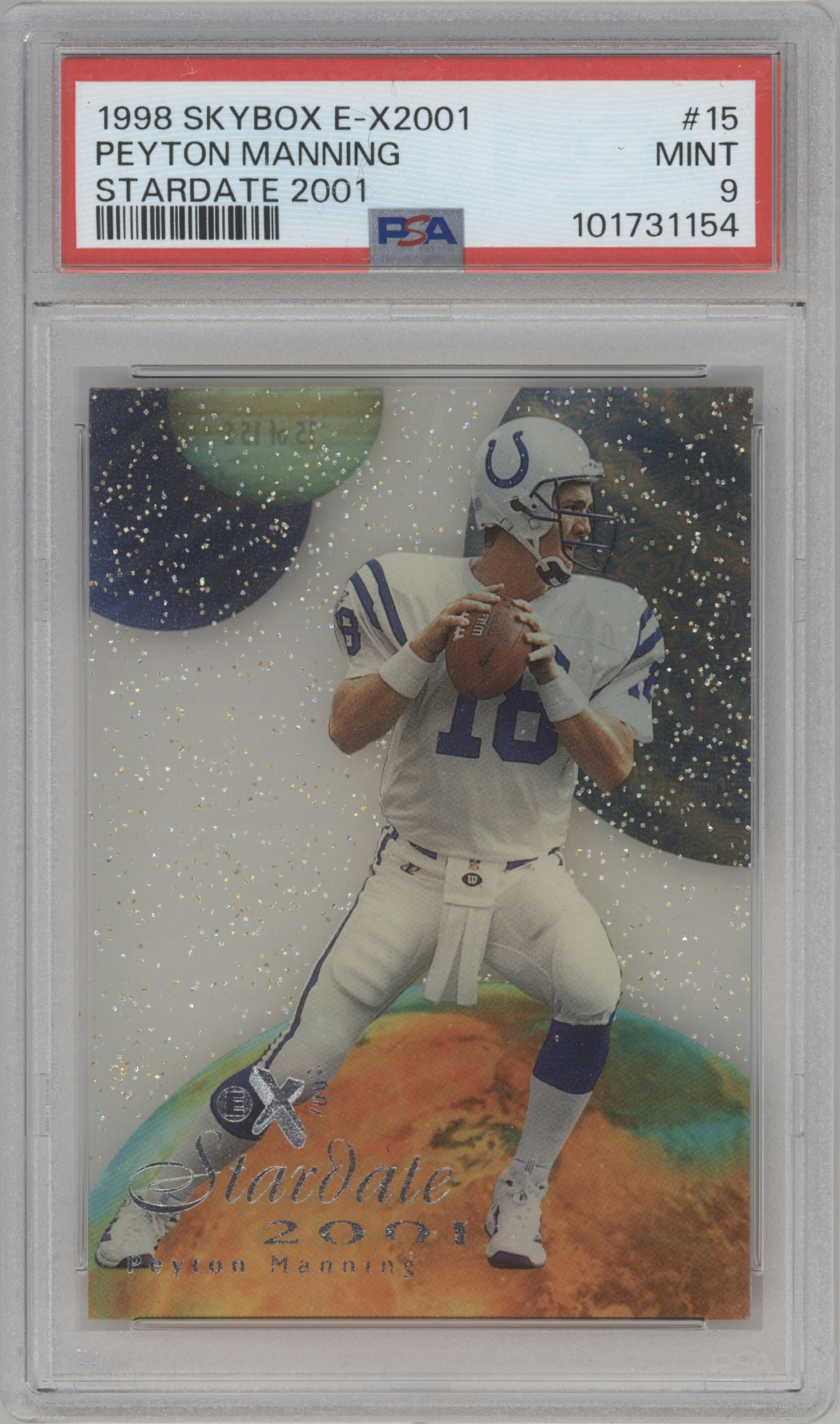 Peyton Manning from the 1998 SkyBox E-X2001 set graded by PSA and given an overall grade of 9.