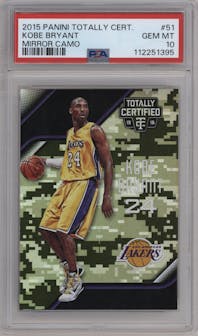 Kobe Bryant from the 2015-16 Panini Totally Certified set featuring a Mirror Camo parallel graded by PSA and given an overall grade of 10.