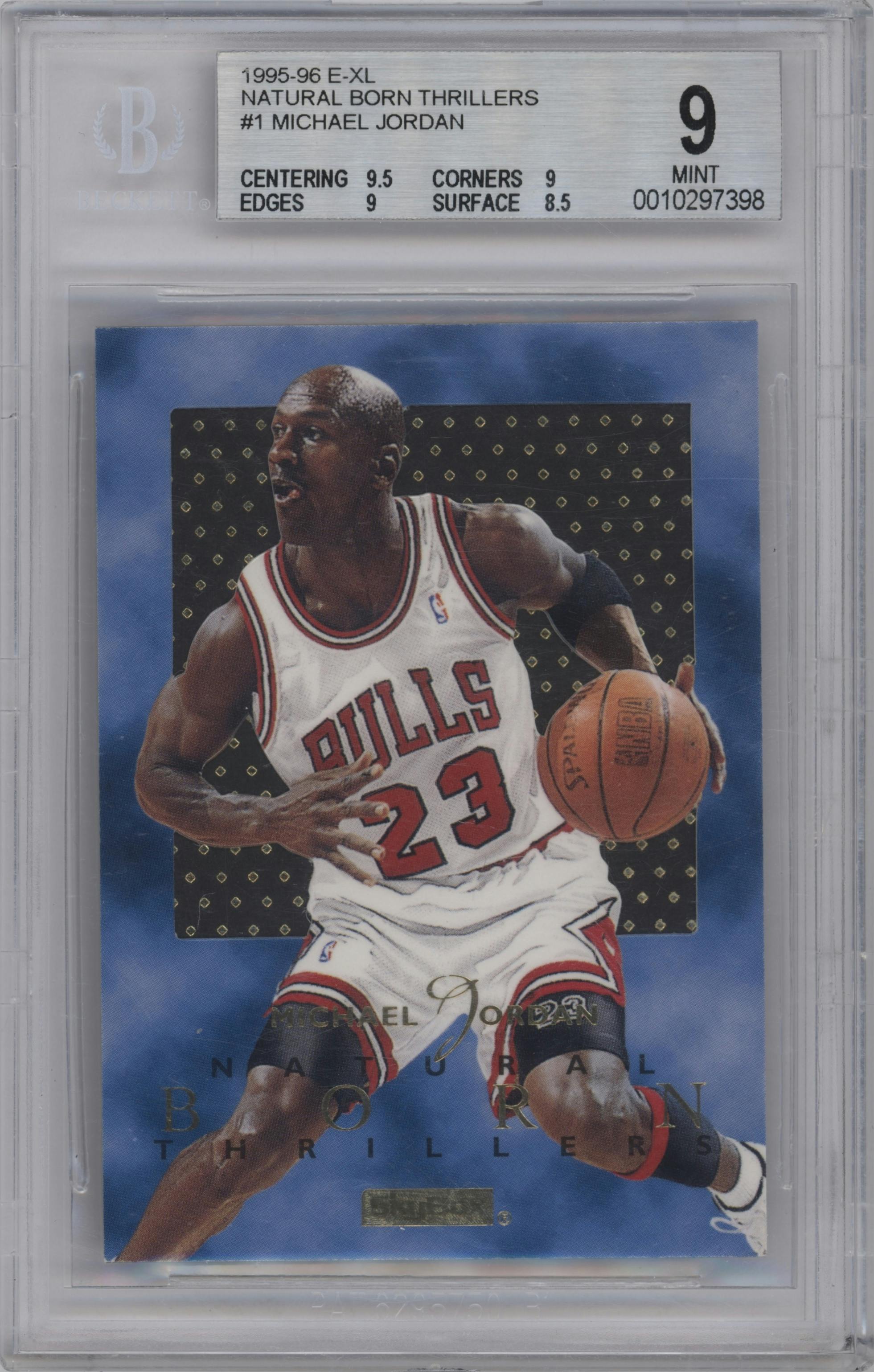 Michael Jordan from the 1995-96 Skybox E-XL set graded by Beckett and given an overall grade of 9.