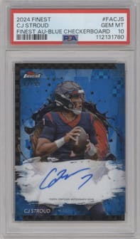 C.J. Stroud from the 2024 Finest set featuring a Blue Geometric Refractor parallel graded by PSA and given an overall grade of 10.