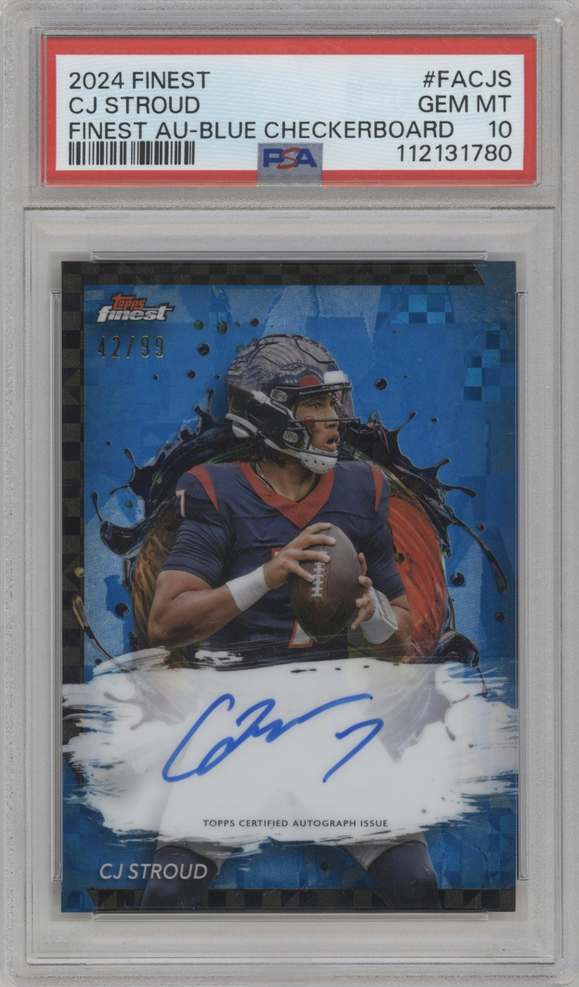 C.J. Stroud from the 2024 Finest set featuring a Blue Geometric Refractor parallel graded by PSA and given an overall grade of 10.