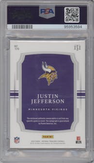 Justin Jefferson from the 2020 Panini National Treasures set featuring a Stars & Stripes parallel graded by PSA and given an overall grade of 9.