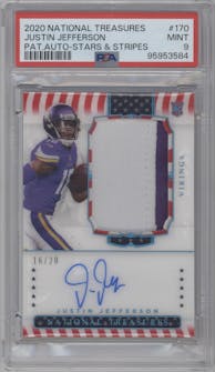 Justin Jefferson from the 2020 Panini National Treasures set featuring a Stars & Stripes parallel graded by PSA and given an overall grade of 9.