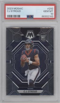 C.J. Stroud from the 2023 Panini Mosaic set graded by PSA and given an overall grade of 10.