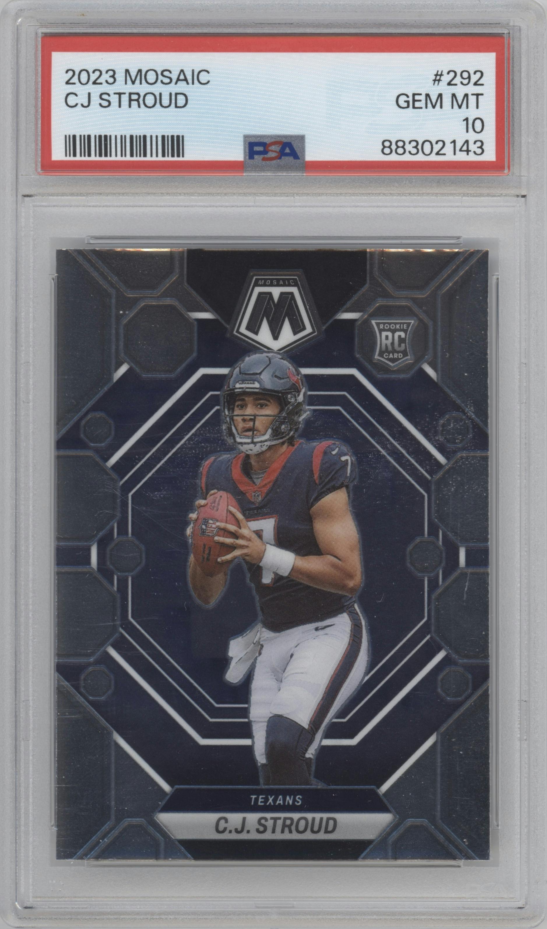 C.J. Stroud from the 2023 Panini Mosaic set graded by PSA and given an overall grade of 10.