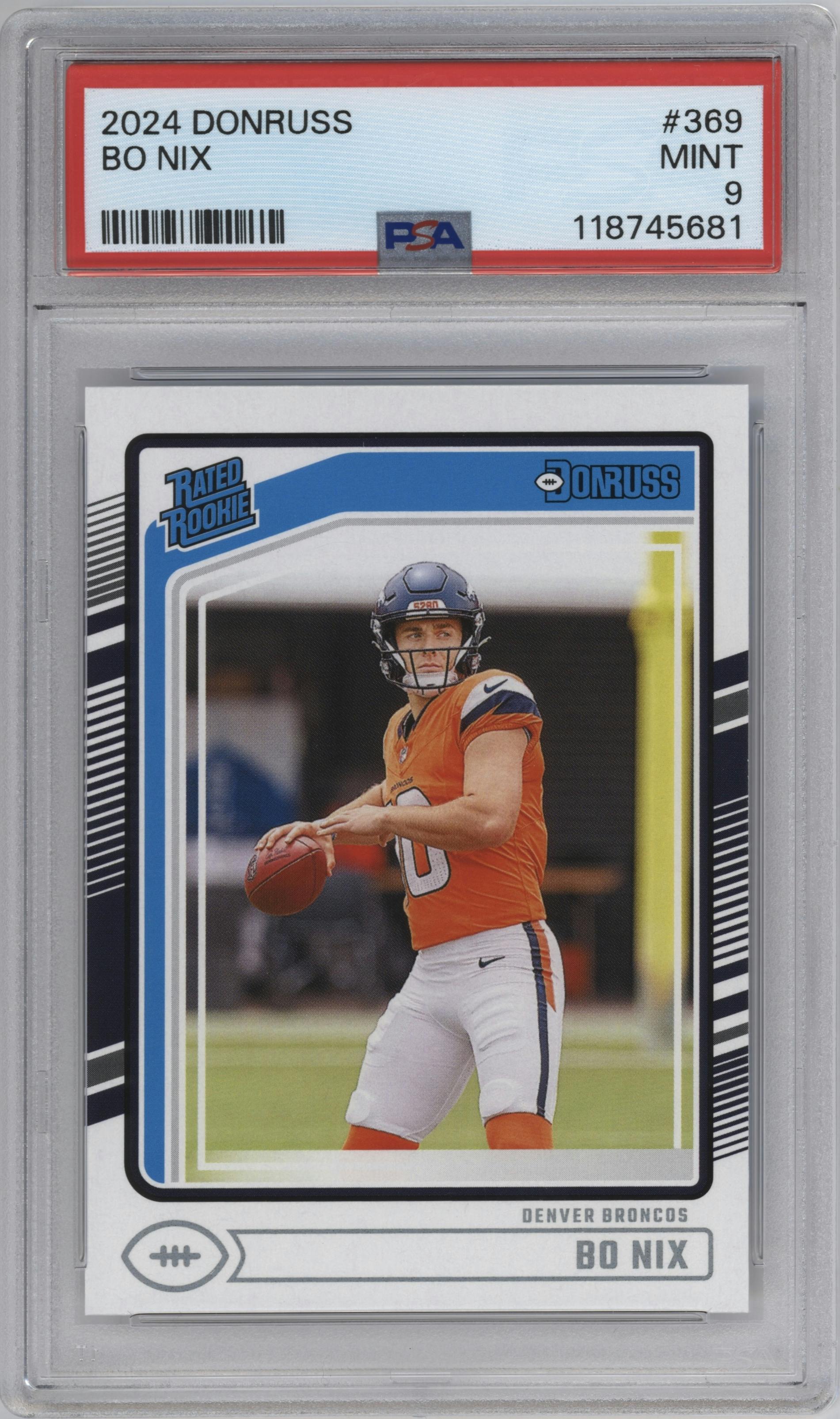 Bo Nix from the 2024 Donruss set graded by PSA and given an overall grade of 9.