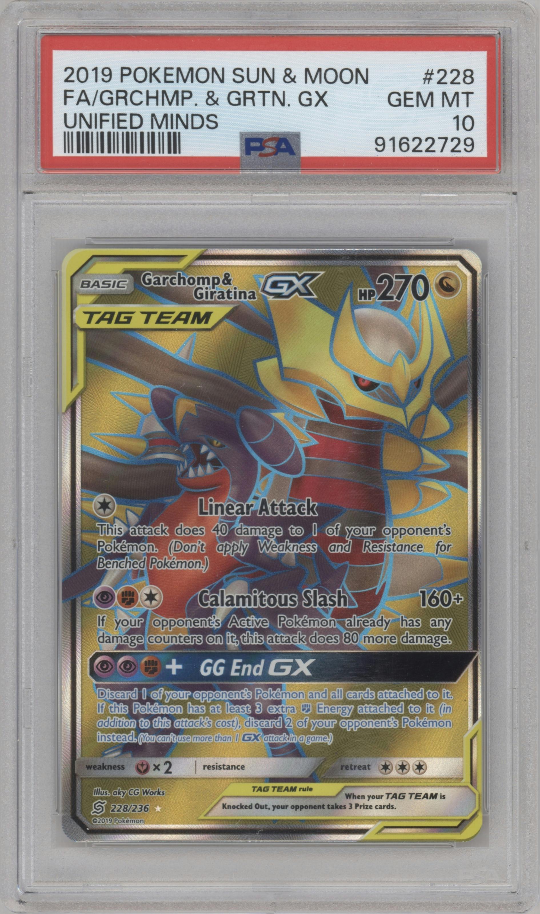 Garchomp & Giratina GX from the 2019 Pokemon S&M  set graded by PSA and given an overall grade of 10.