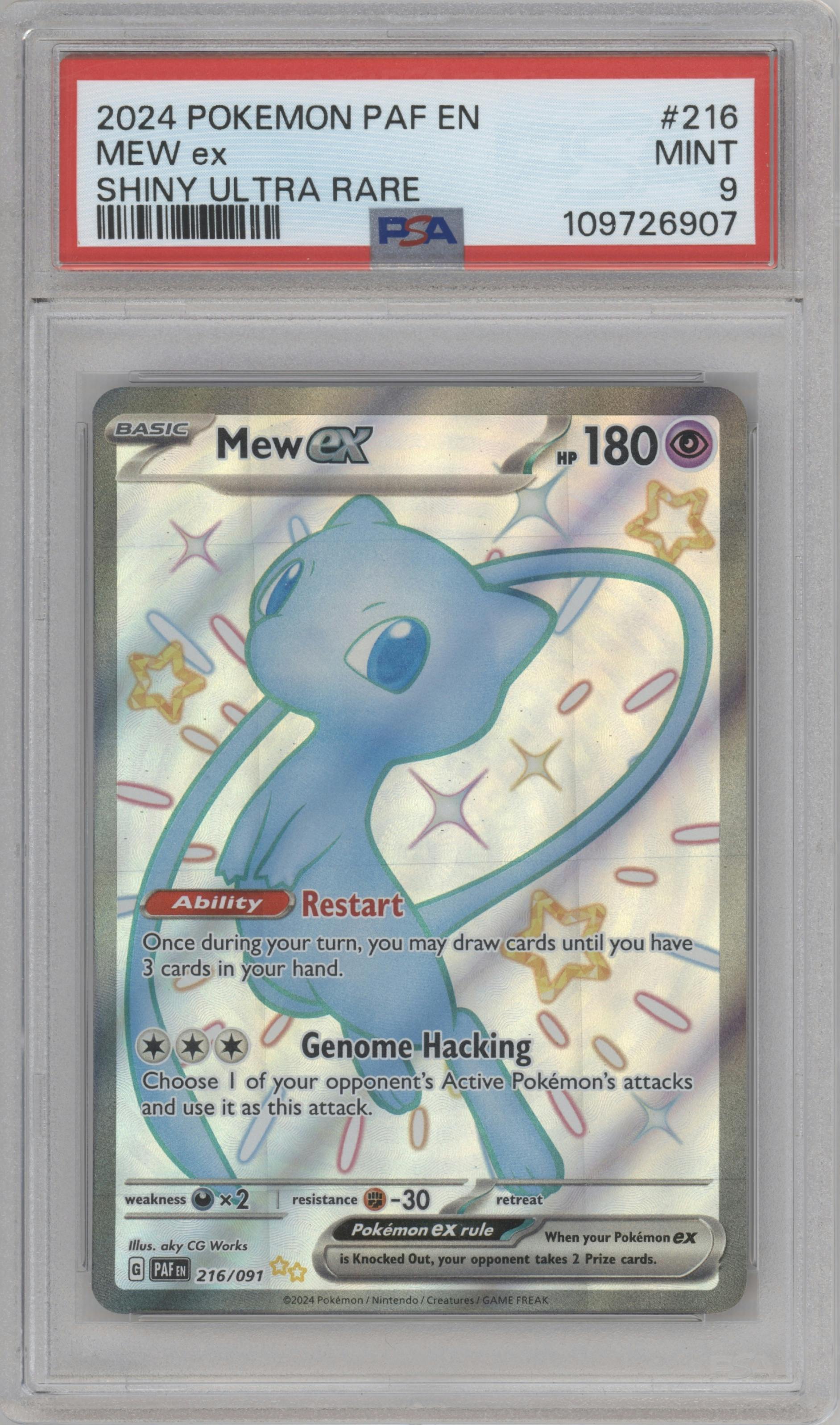 Mew ex from the 2024 Pokemon SV set graded by PSA and given an overall grade of 9.