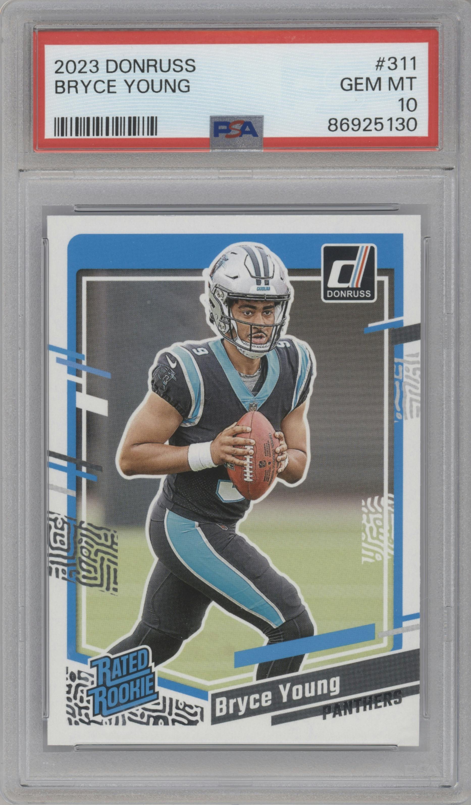 Bryce Young from the 2023 Panini Donruss set graded by PSA and given an overall grade of 10.