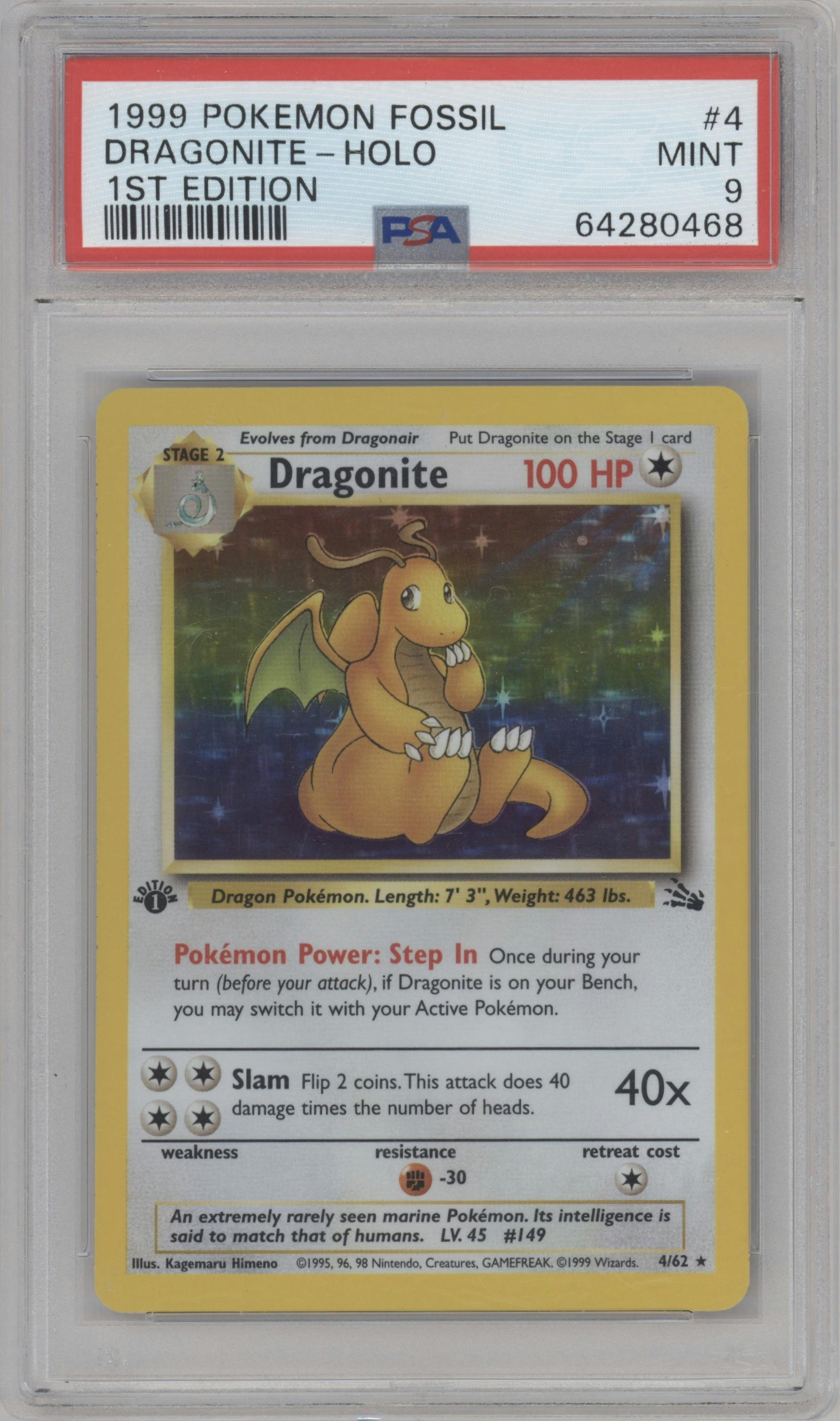 Dragonite from the 1999 Pokemon set graded by PSA and given an overall grade of 9.