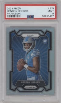 Hendon Hooker from the 2023 Panini Prizm set featuring a Silver Prizm parallel graded by PSA and given an overall grade of 9.