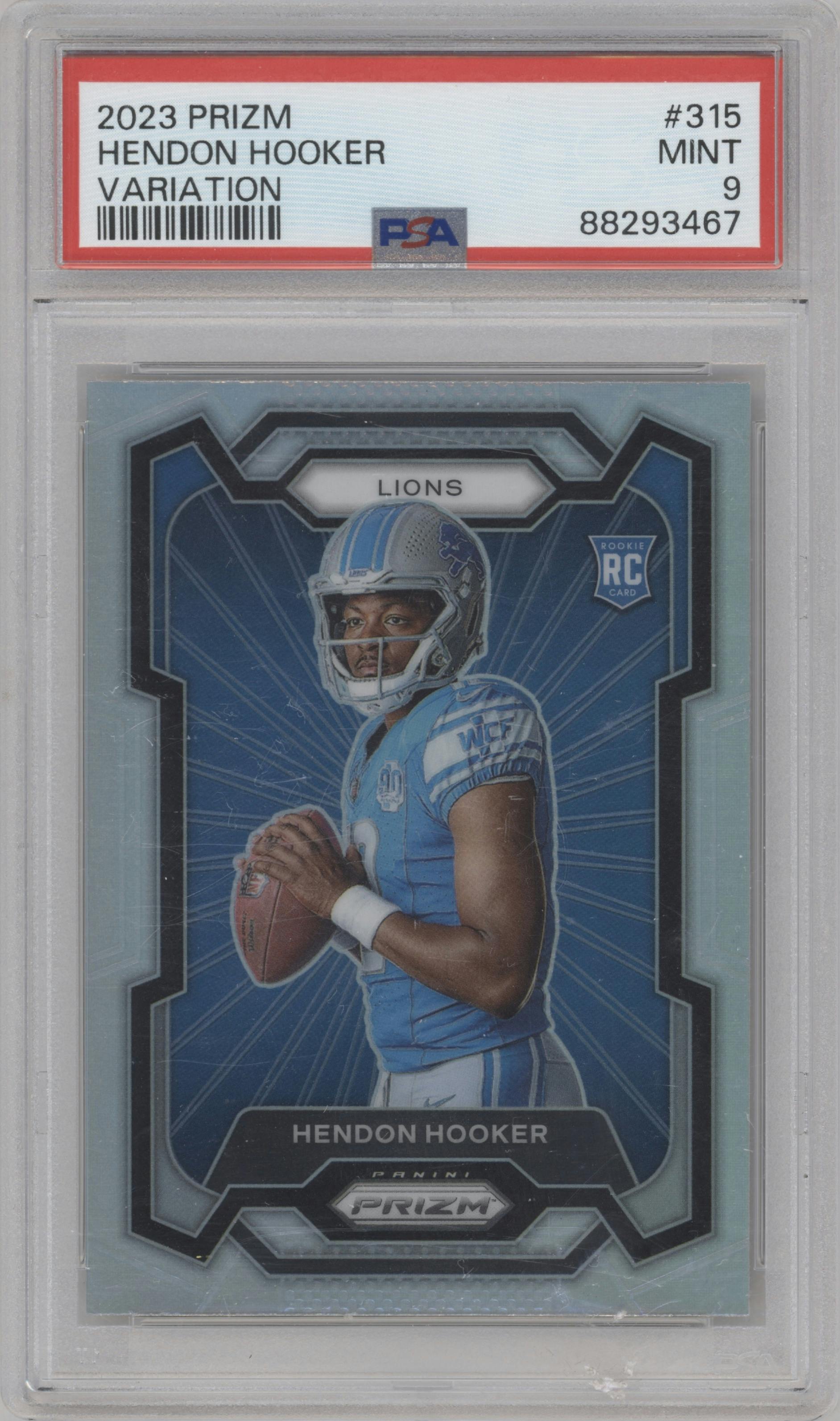 Hendon Hooker from the 2023 Panini Prizm set featuring a Silver Prizm parallel graded by PSA and given an overall grade of 9.