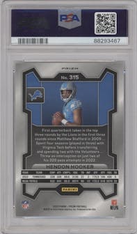 Hendon Hooker from the 2023 Panini Prizm set featuring a Silver Prizm parallel graded by PSA and given an overall grade of 9.