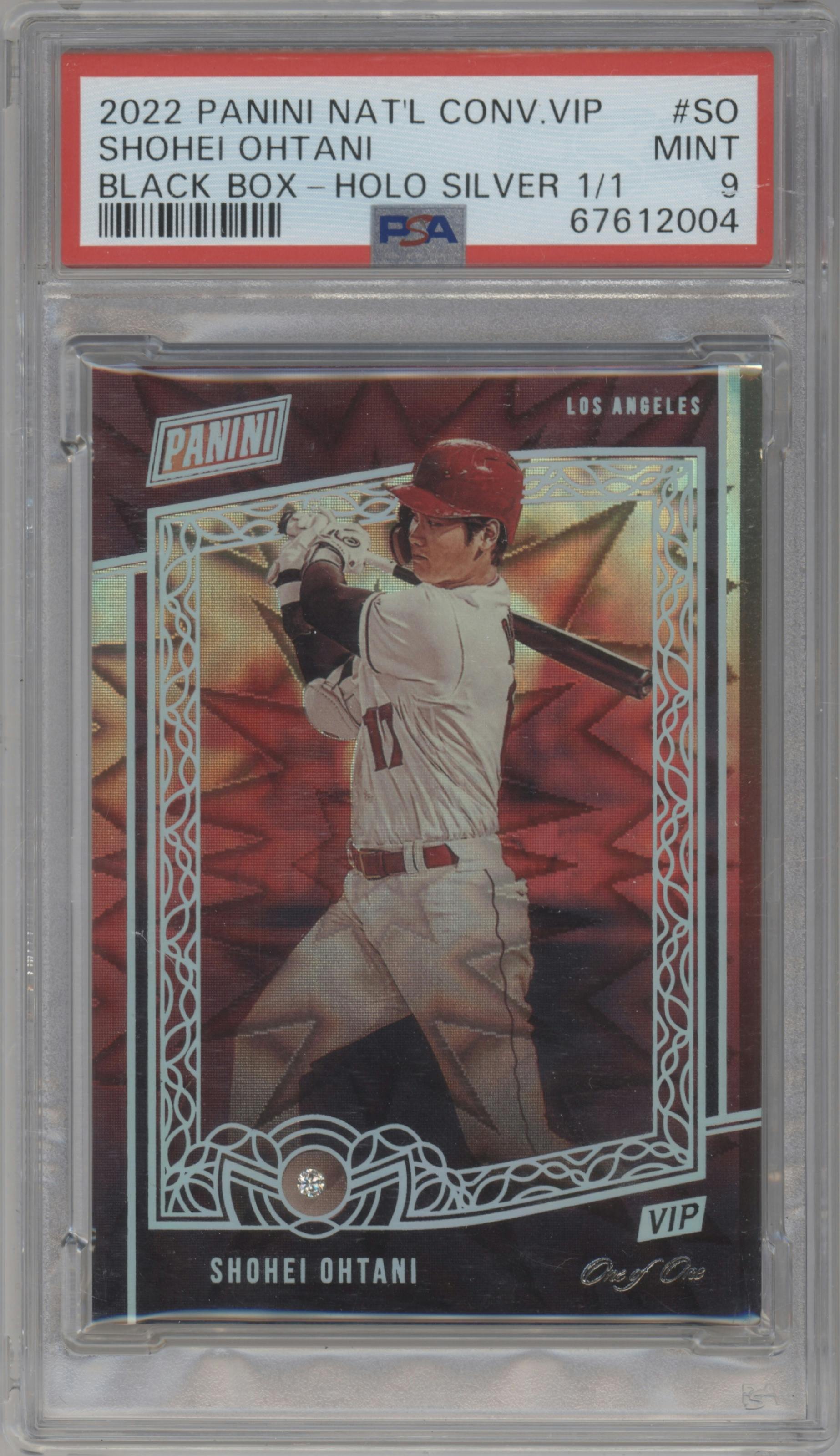 Shohei Ohtani from the 2022 Panini National Convention VIP Gems Black Box set featuring a Holo Silver parallel graded by PSA and given an overall grade of 9.