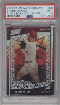 Shohei Ohtani from the 2022 Panini National Convention VIP Gems Black Box set featuring a Holo Silver parallel graded by PSA and given an overall grade of 9.