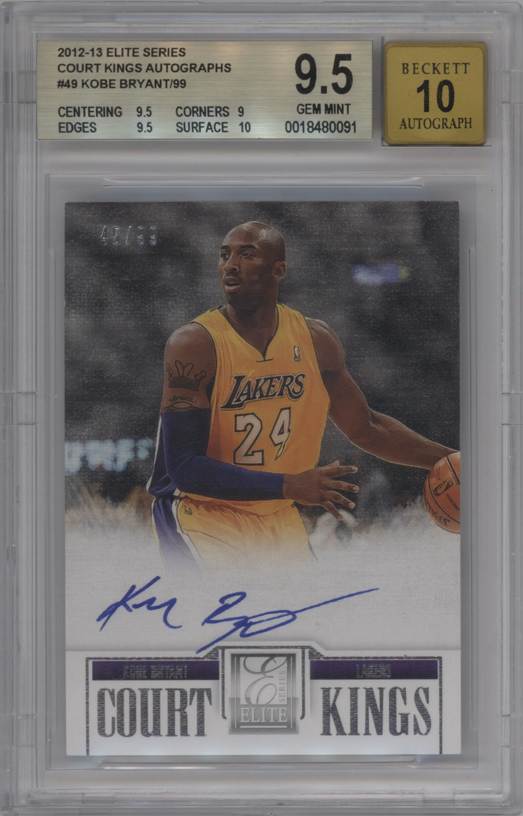 Kobe Bryant from the 2012-13 Panini Elite Series set graded by Beckett and given an overall grade of 9.5.