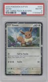 Eevee from the 2023 Pokemon SV set featuring a Obsidian Flames 3-Pack Blisters parallel graded by PSA and given an overall grade of 8.