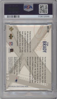 Tom Brady from the 2003 SPx set featuring a Spectrum parallel graded by PSA and given an overall grade of 8.