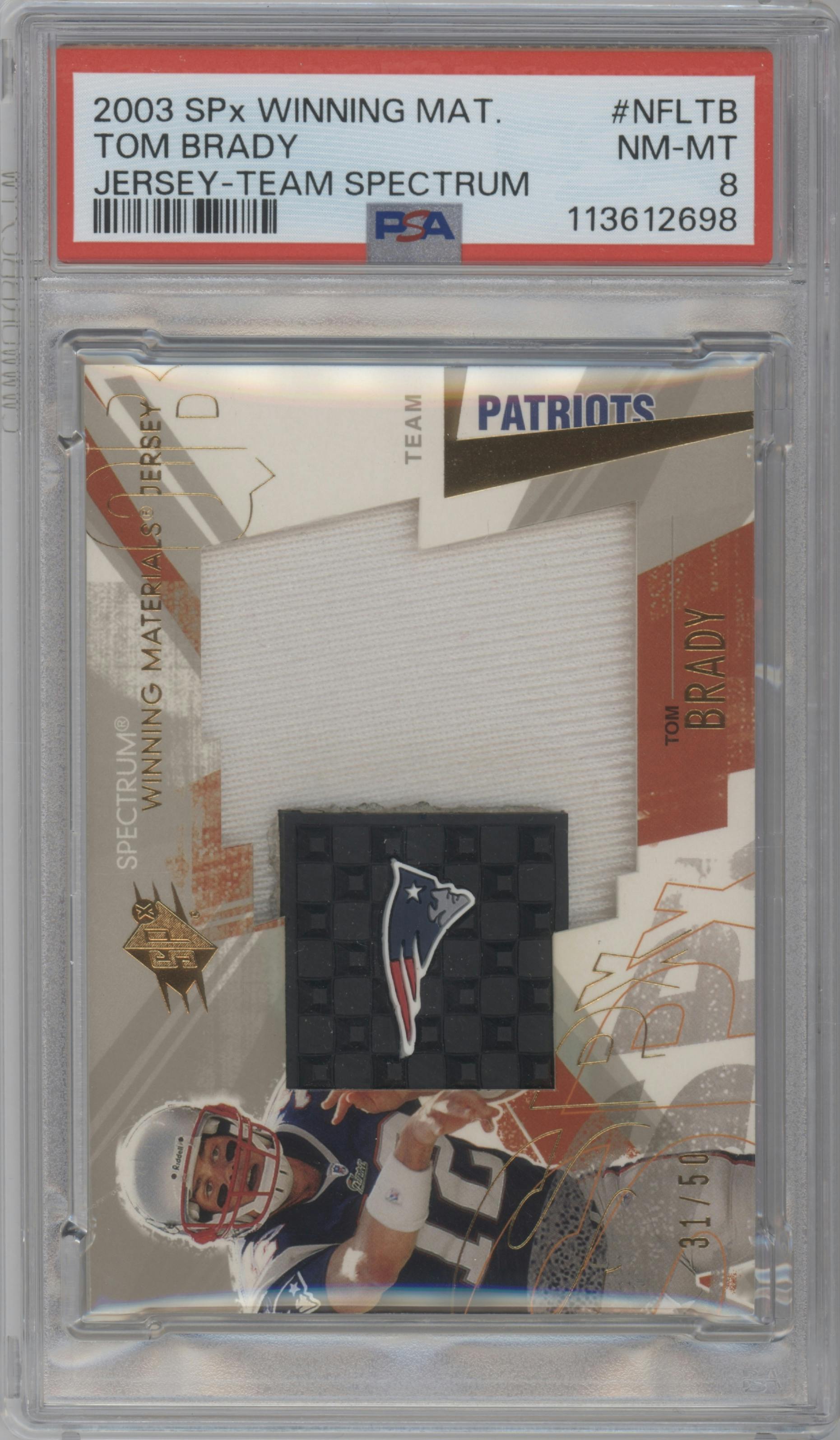 Tom Brady from the 2003 SPx set featuring a Spectrum parallel graded by PSA and given an overall grade of 8.