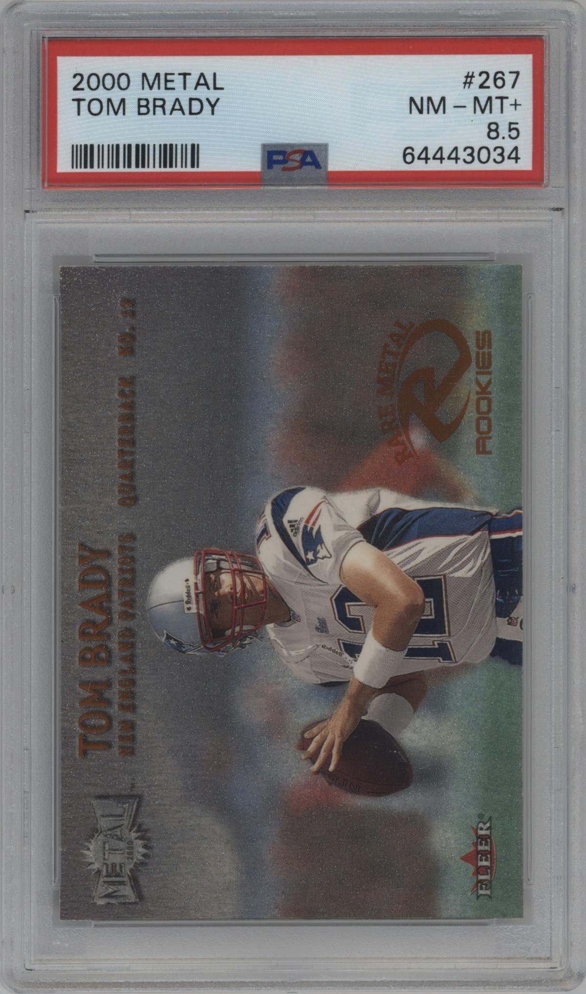 Tom Brady from the 2000 Fleer Metal set graded by PSA and given an overall grade of 8.5.