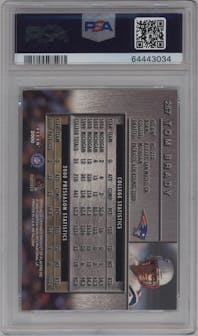 Tom Brady from the 2000 Fleer Metal set graded by PSA and given an overall grade of 8.5.