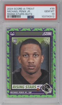 Michael Penix Jr. from the 2024 Score-a-Treat set featuring a Bats parallel graded by PSA and given an overall grade of 10.