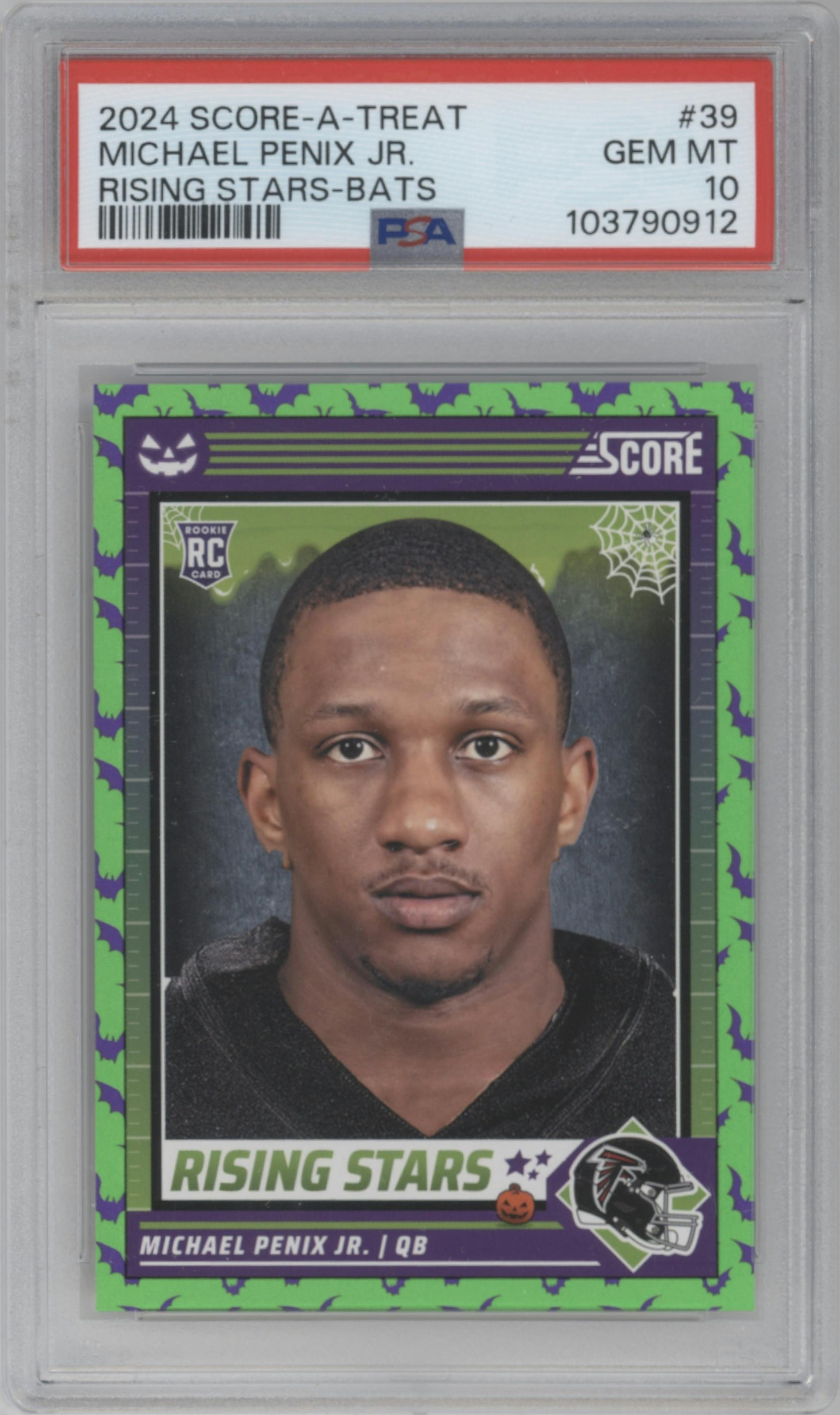 Michael Penix Jr. from the 2024 Score-a-Treat set featuring a Bats parallel graded by PSA and given an overall grade of 10.