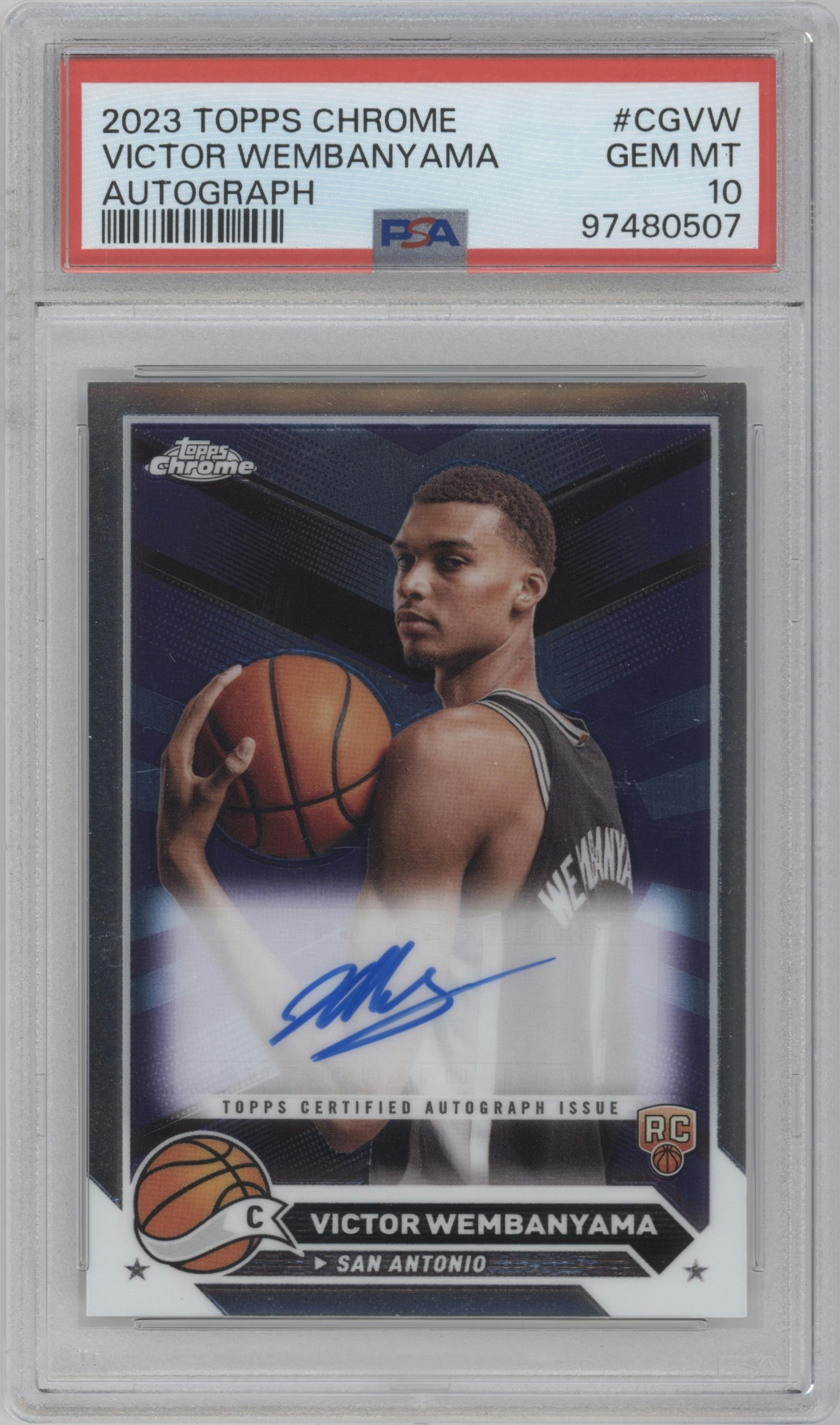 Victor Wembanyama from the 2023-24 Topps Chrome set graded by PSA and given an overall grade of 10.