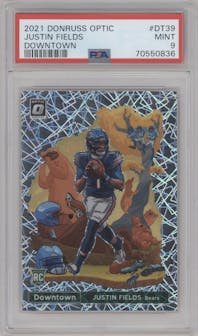 Justin Fields from the 2021 Panini Donruss Optic set graded by PSA and given an overall grade of 9.