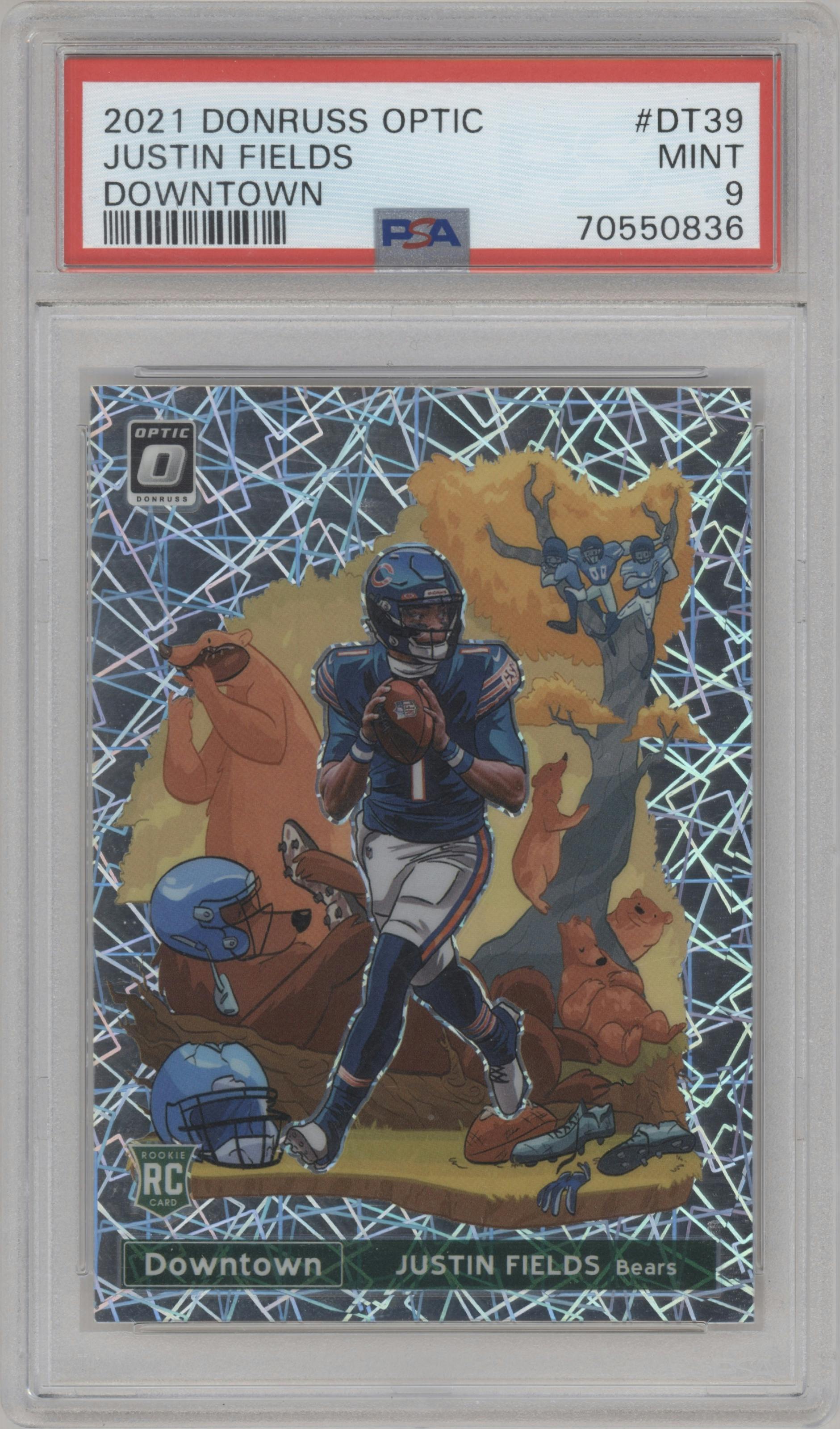 Justin Fields from the 2021 Panini Donruss Optic set graded by PSA and given an overall grade of 9.