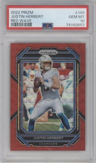Justin Herbert from the 2022 Panini Prizm set featuring a Red Wave parallel graded by PSA and given an overall grade of 10.