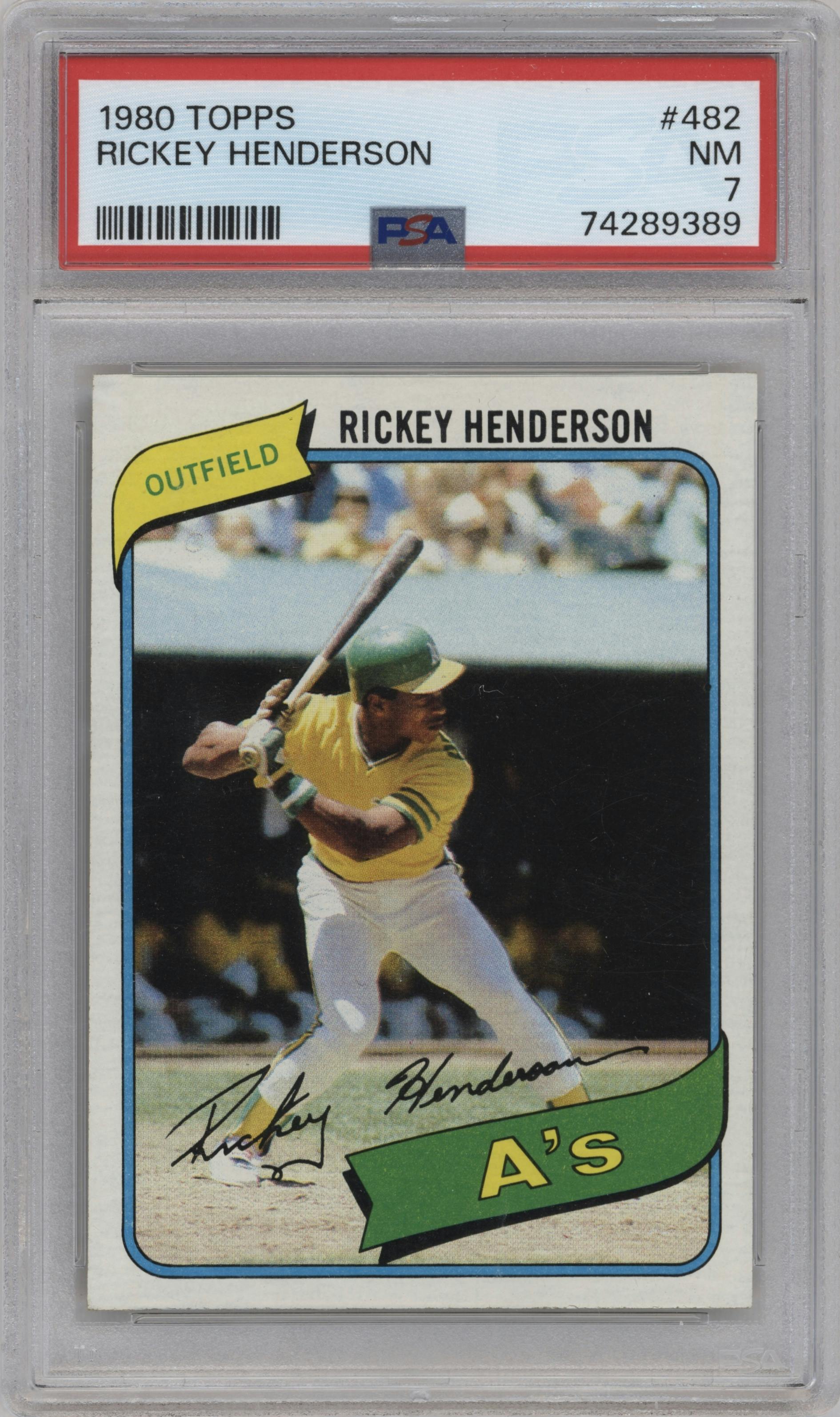 Rickey Henderson from the 1980 Topps set graded by PSA and given an overall grade of 7.