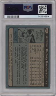 Rickey Henderson from the 1980 Topps set graded by PSA and given an overall grade of 7.