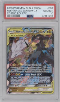 Reshiram/Zekrom GX from the 2019 Pokemon S&M  set graded by PSA and given an overall grade of 10.