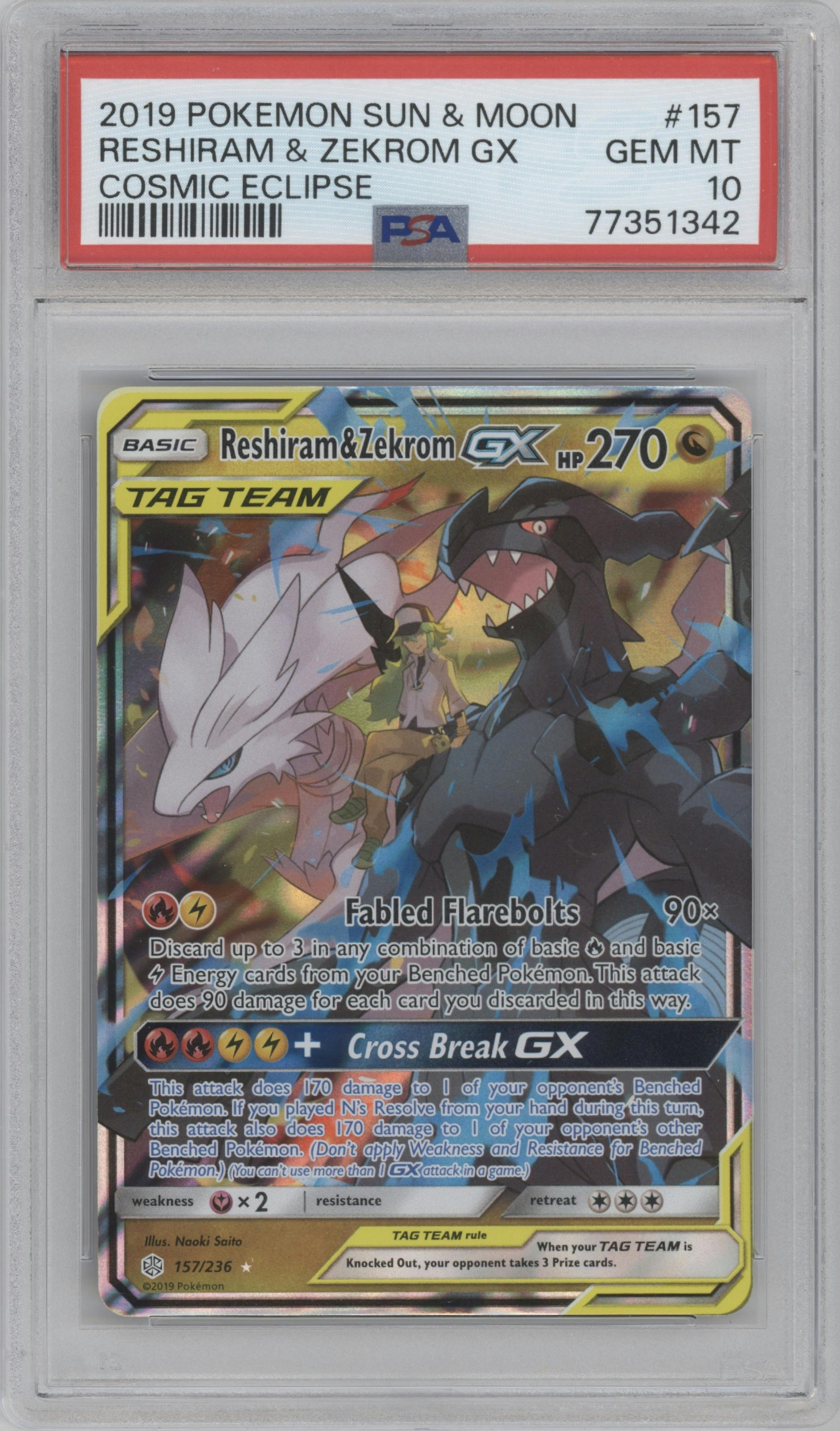 Reshiram/Zekrom GX from the 2019 Pokemon S&M  set graded by PSA and given an overall grade of 10.