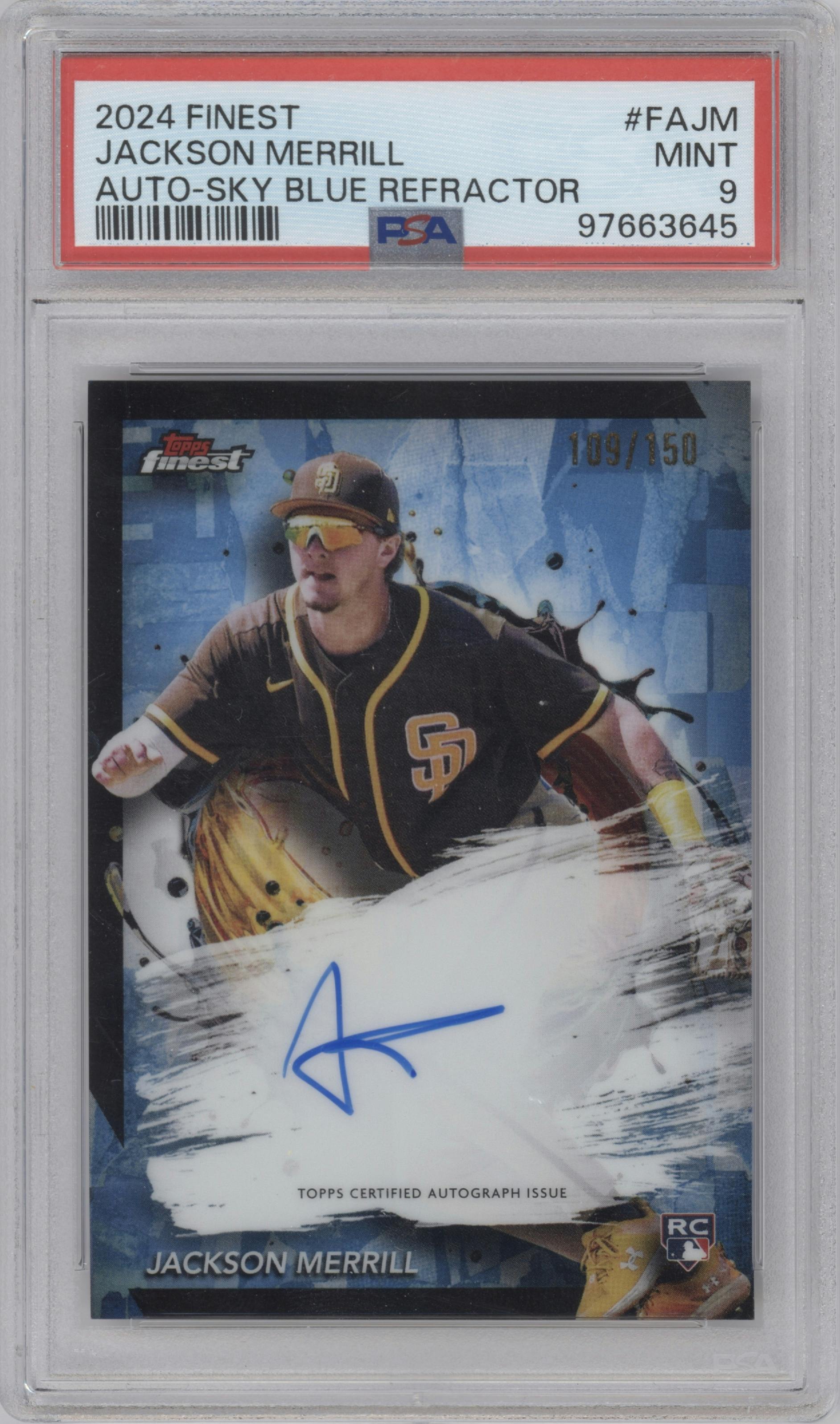 Jackson Merrill from the 2024 Topps Finest set featuring a Sky Blue Refractor parallel graded by PSA and given an overall grade of 9.