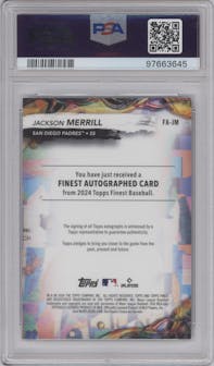 Jackson Merrill from the 2024 Topps Finest set featuring a Sky Blue Refractor parallel graded by PSA and given an overall grade of 9.