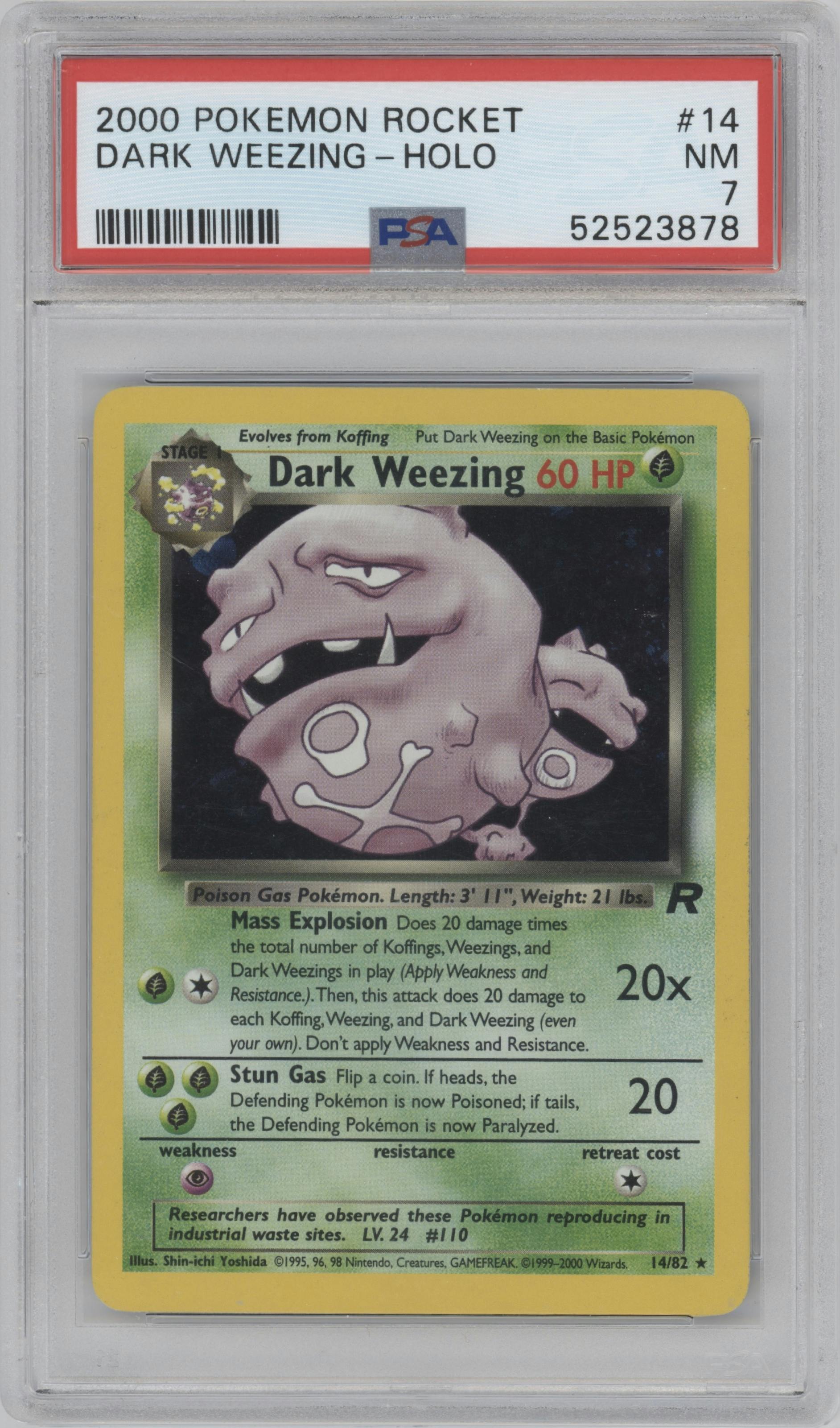 Dark Weezing from the 2000 Pokemon set graded by PSA and given an overall grade of 7.