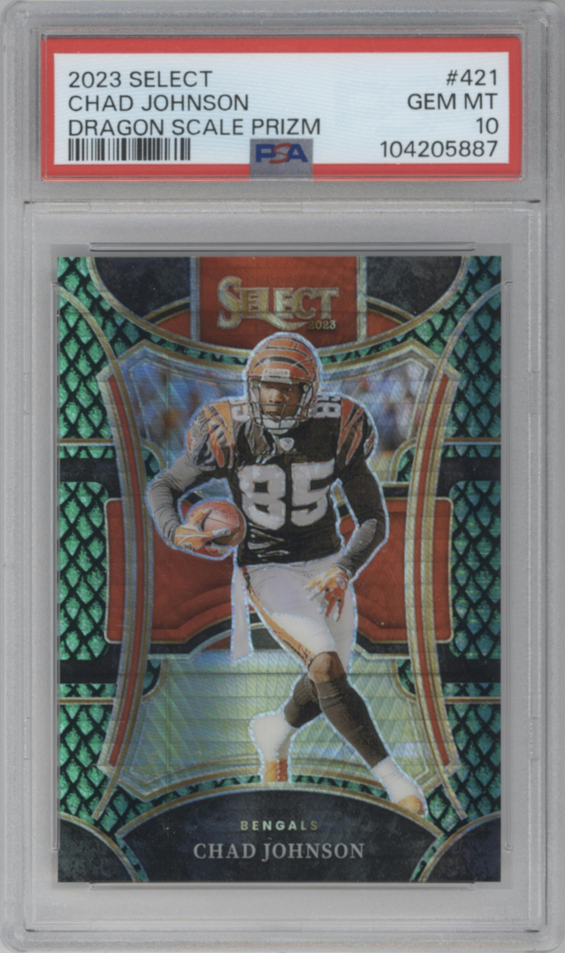 Chad Johnson from the 2023 Panini Select set featuring a Dragon Scale parallel graded by PSA and given an overall grade of 10.