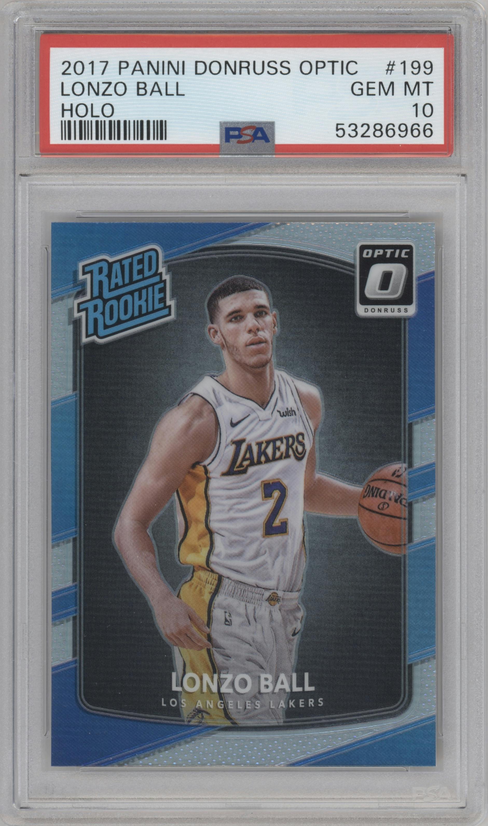 Lonzo Ball from the 2017-18 Panini Donruss Optic set featuring a Holo parallel graded by PSA and given an overall grade of 10.