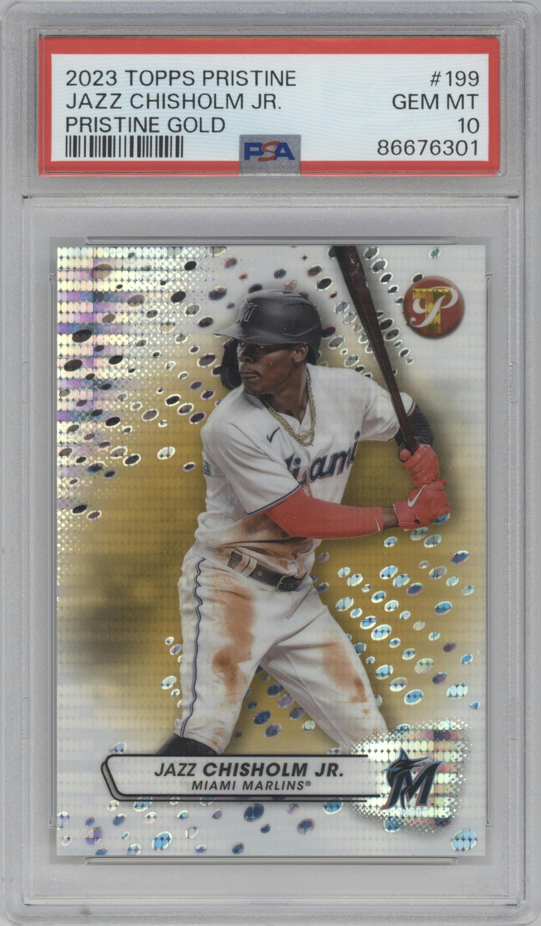 Jazz Chisholm Jr. from the 2023 Topps Pristine set featuring a Gold Pristine Ref. parallel graded by PSA and given an overall grade of 10.