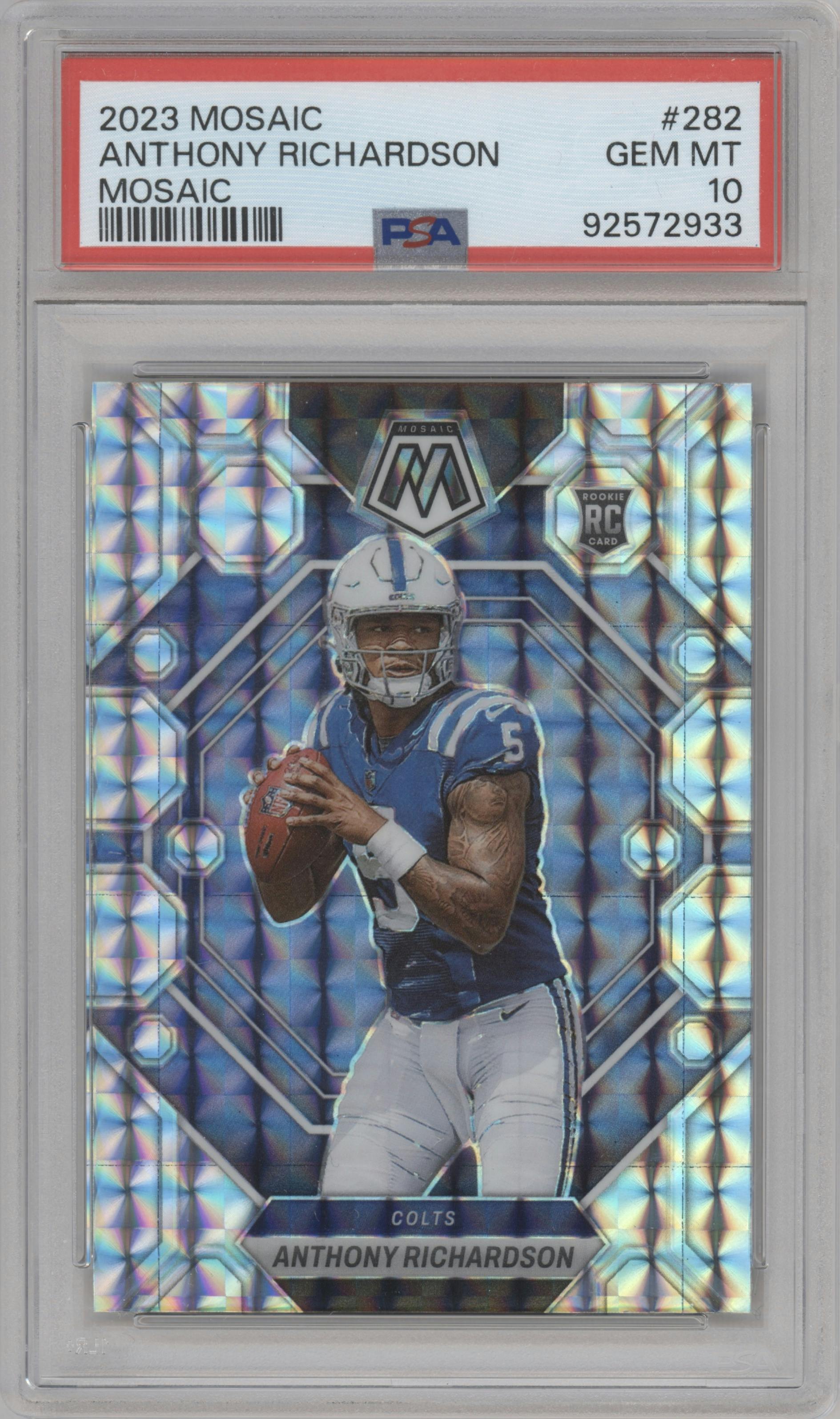 Anthony Richardson from the 2023 Panini Mosaic set featuring a Mosaic parallel graded by PSA and given an overall grade of 10.