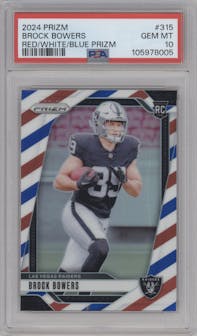 Brock Bowers from the 2024 Panini Prizm set featuring a Red/White/Blue Prizm parallel graded by PSA and given an overall grade of 10.